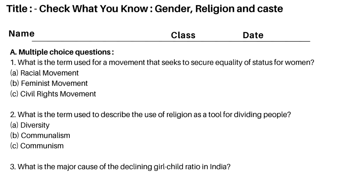 Check What You Know : Gender, Religion and caste