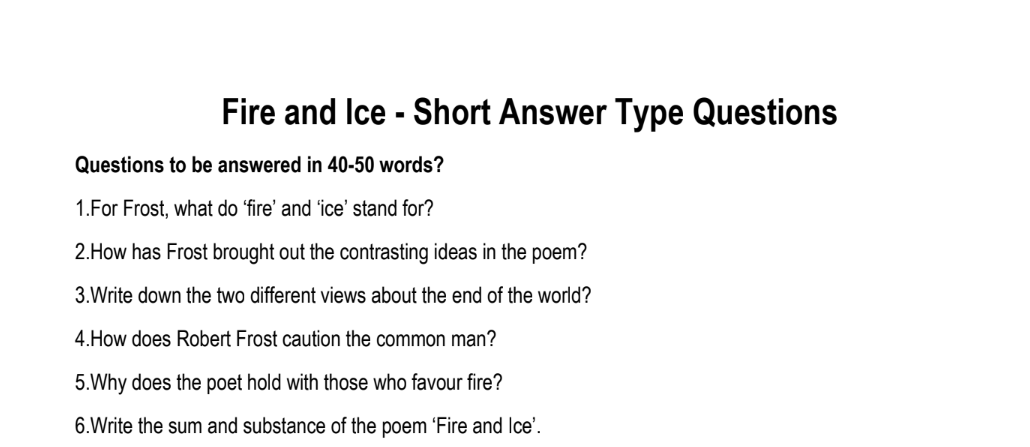 Fire and Ice - Short Answer Type Questions