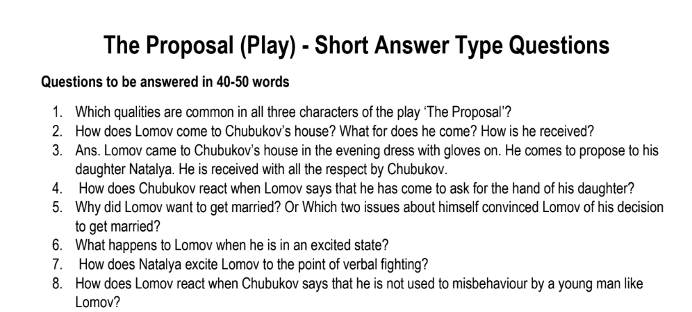 The Proposal (Play) - Short Answer Type Questions