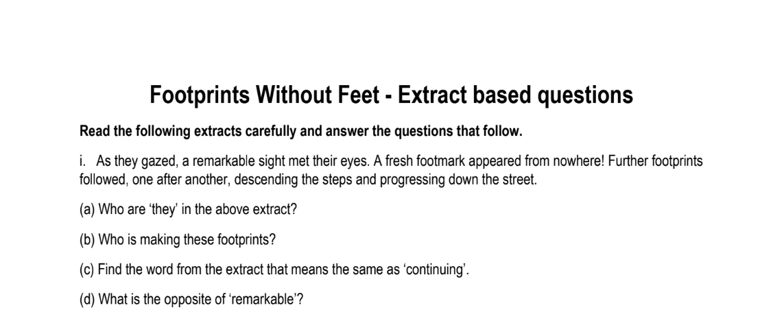 Footprints Without Feet - Extract based questions
