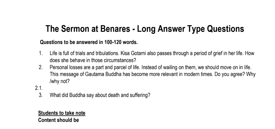 The Sermon at Benares - Long Answer Type Questions