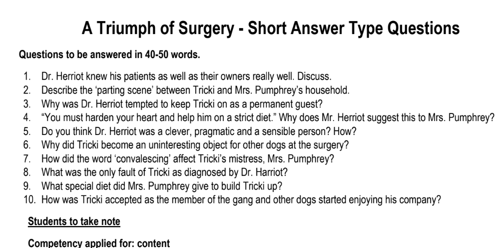 A Triumph of Surgery - Short Answer Type Questions