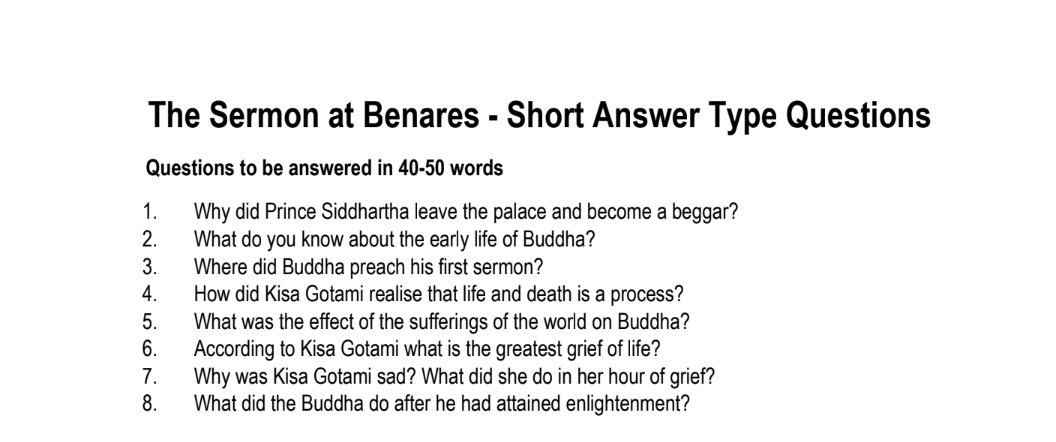The Sermon at Benares - Short Answer Type Questions