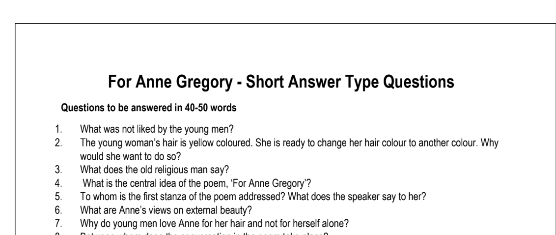 For Anne Gregory - Short Answer Type Questions
