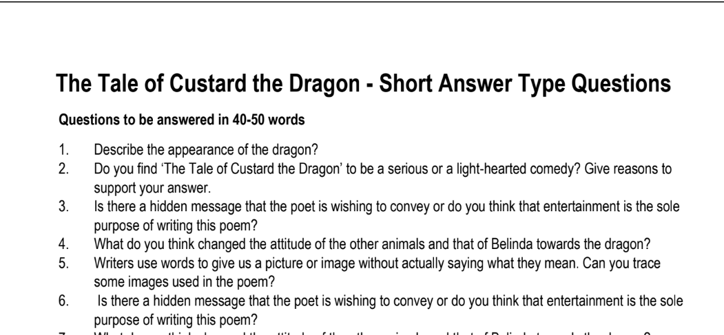 The Tale of Custard the Dragon - Short Answer Type Questions