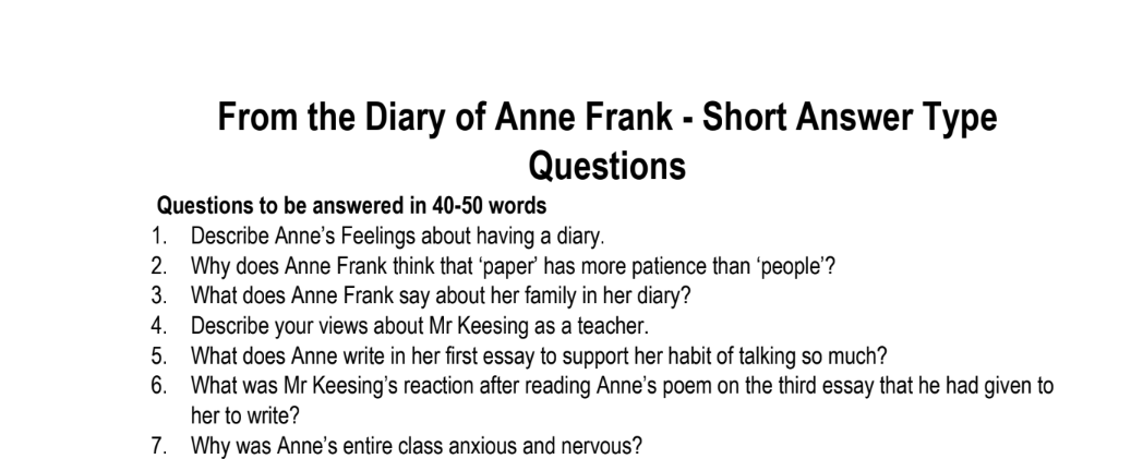 From the Diary of Anne Frank - Short Answer Type  Questions