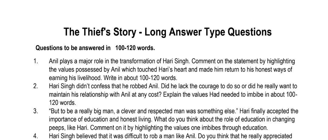 The Thief's Story - Long Answer Type Questions