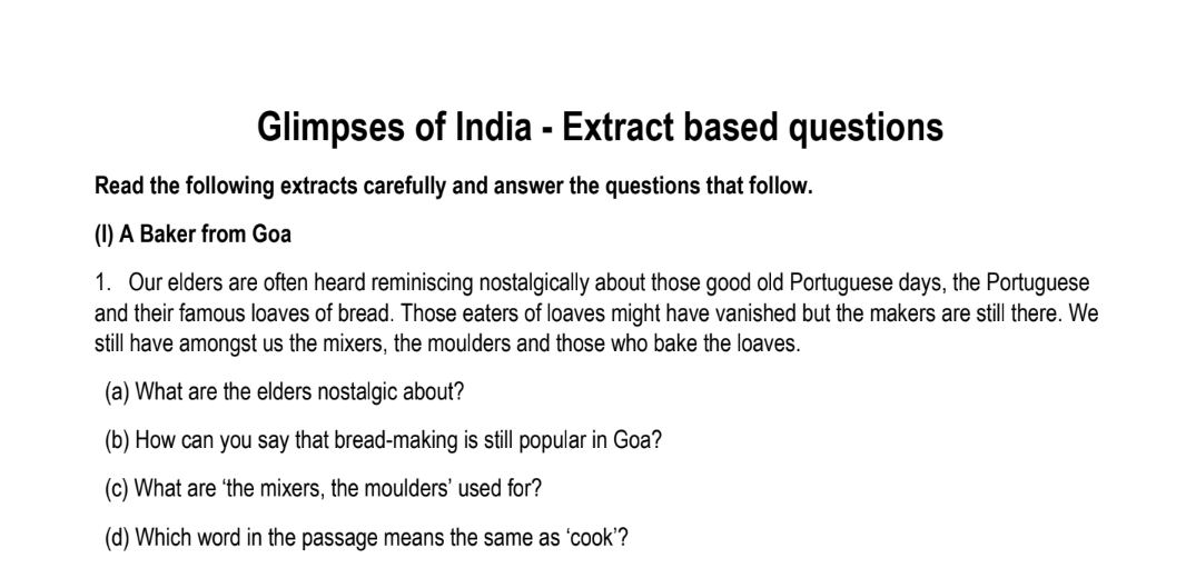 Glimpses of India - Extract based questions