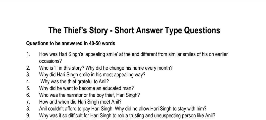 The Thief's Story - Short Answer Type Questions