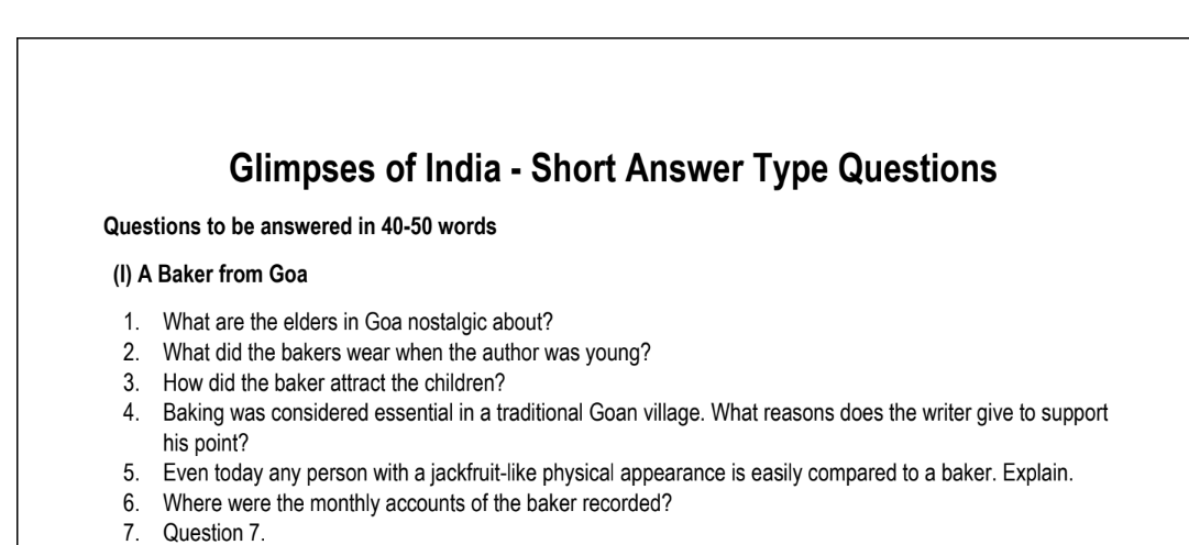 Glimpses of India - Short Answer Type Questions
