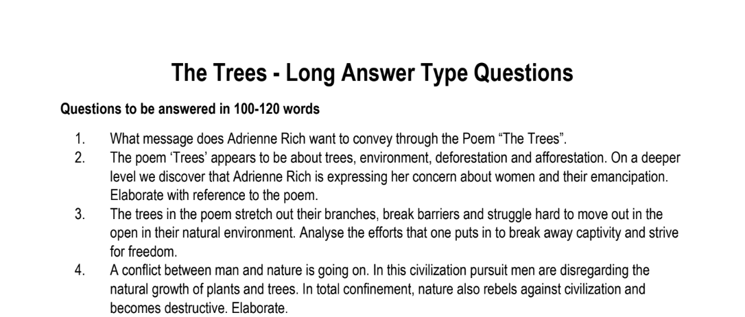 The Trees - Long Answer Type Questions