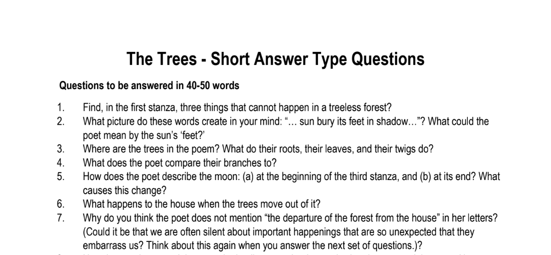The Trees - Short Answer Type Questions