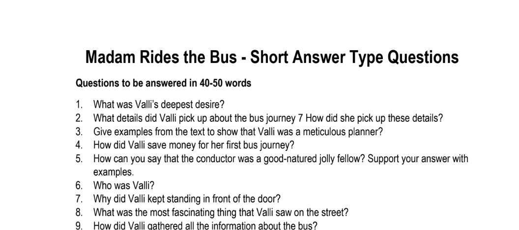 Madam Rides the Bus - Short Answer Type Questions