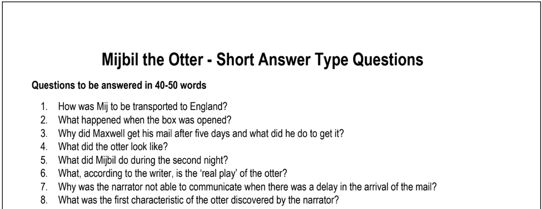 Mijbil the Otter - Short Answer Type Questions