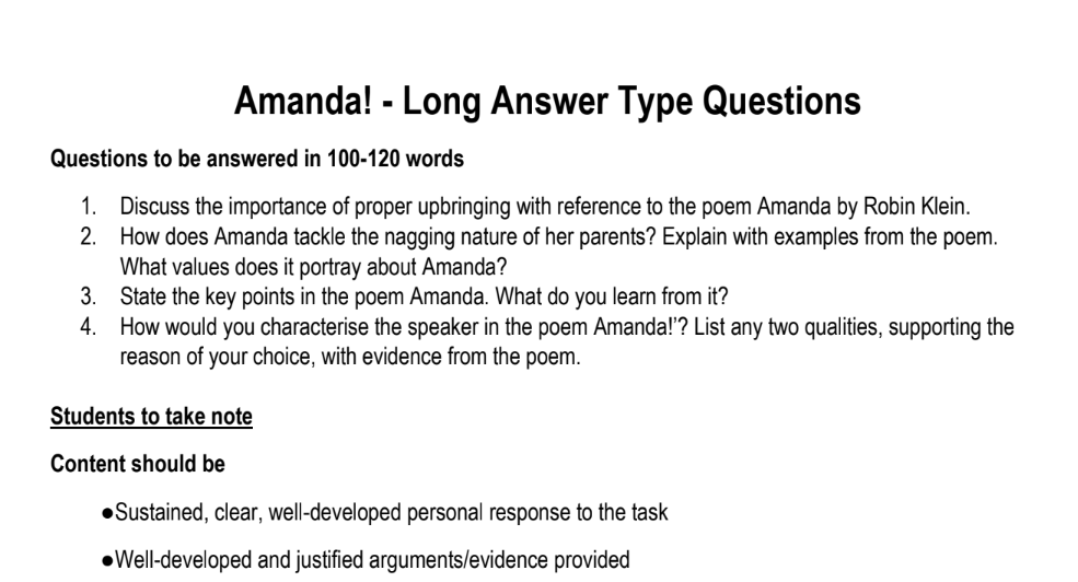 Amanda! - Long Answer Type Questions