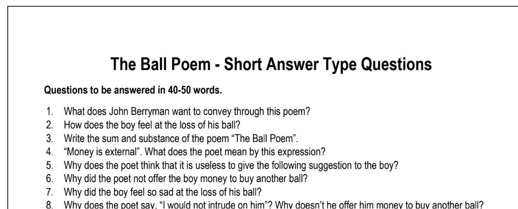 The Ball Poem - Short Answer Type Questions