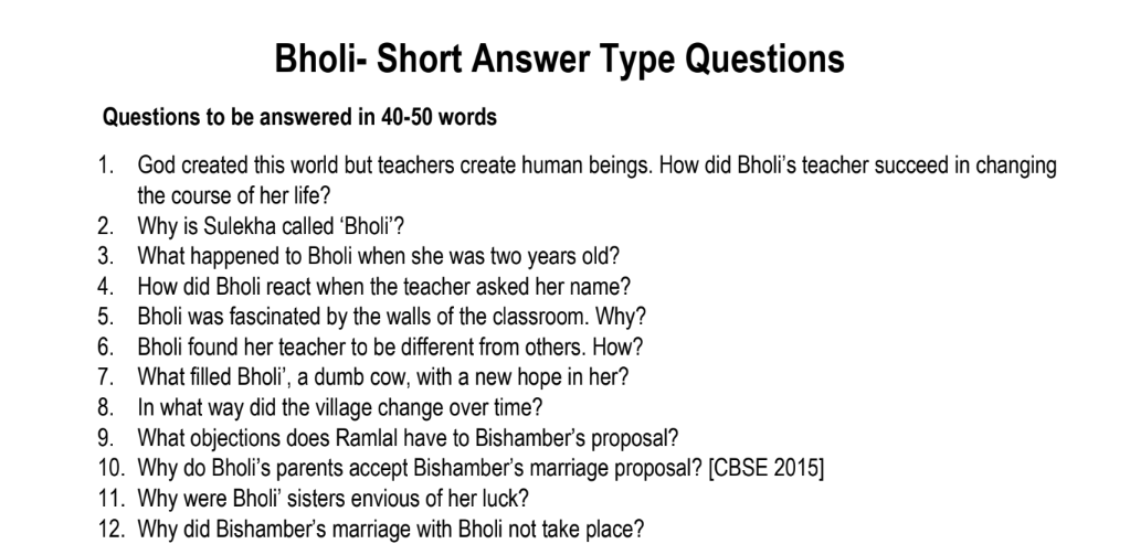 Bholi- Short Answer Type Questions