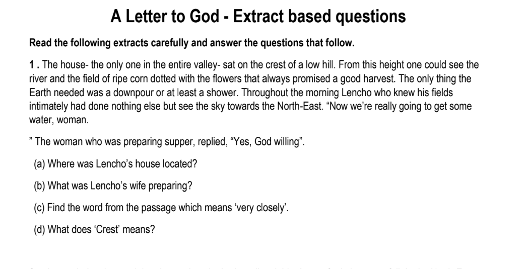 A Letter to God - Extract based questions