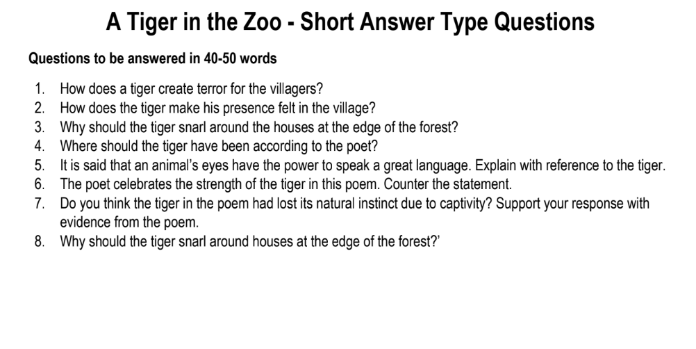 A Tiger in the Zoo - Short Answer Type Questions
