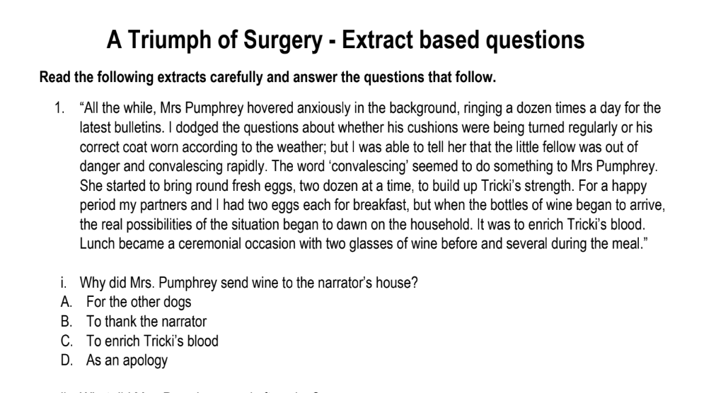 A Triumph of Surgery - Extract based questions