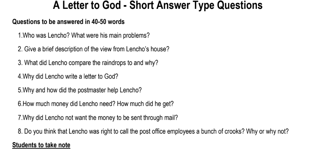 A Letter to God - Short Answer Type Questions