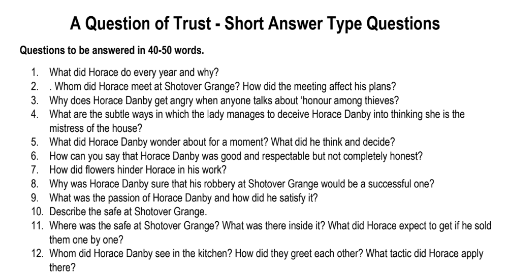 A Question of Trust - Short Answer Type Questions