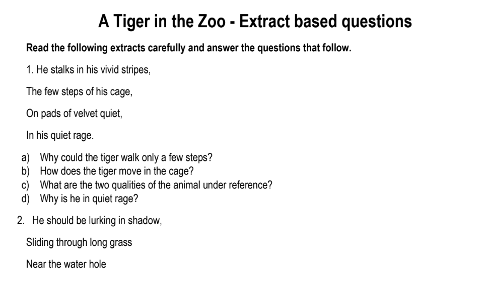 A Tiger in the Zoo - Extract based questions