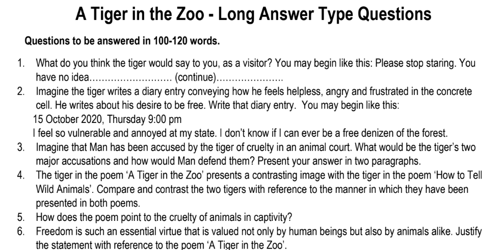 A Tiger in the Zoo - Long Answer Type Questions