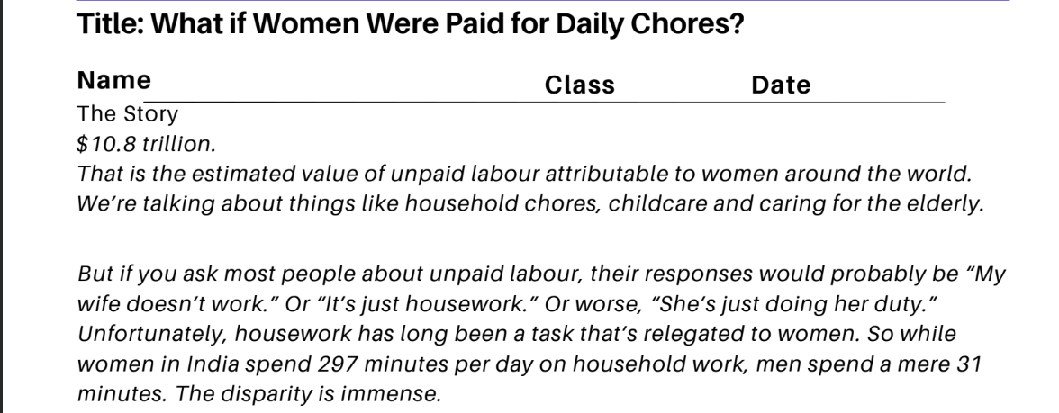 What if Women Were Paid for Daily Chores?