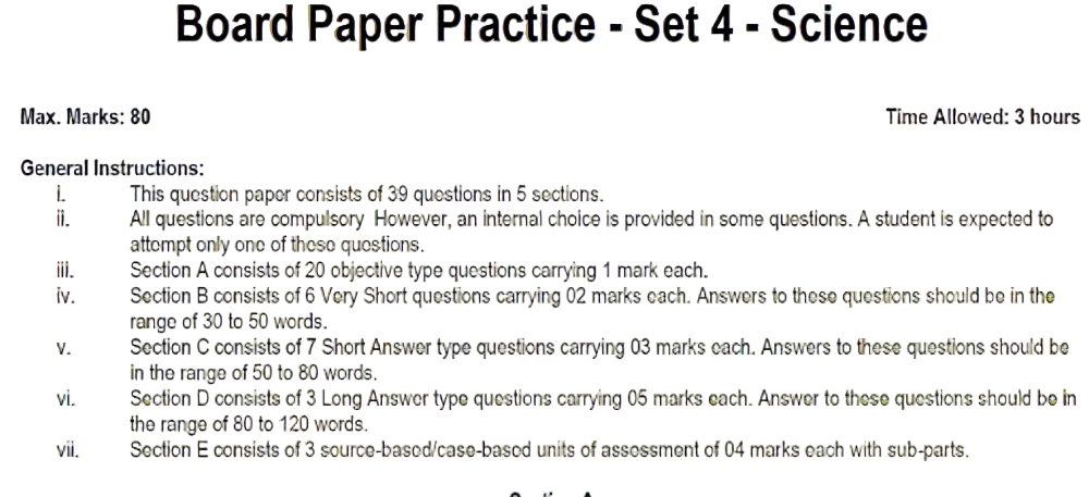 Board Paper Practice - Set 4 - Science