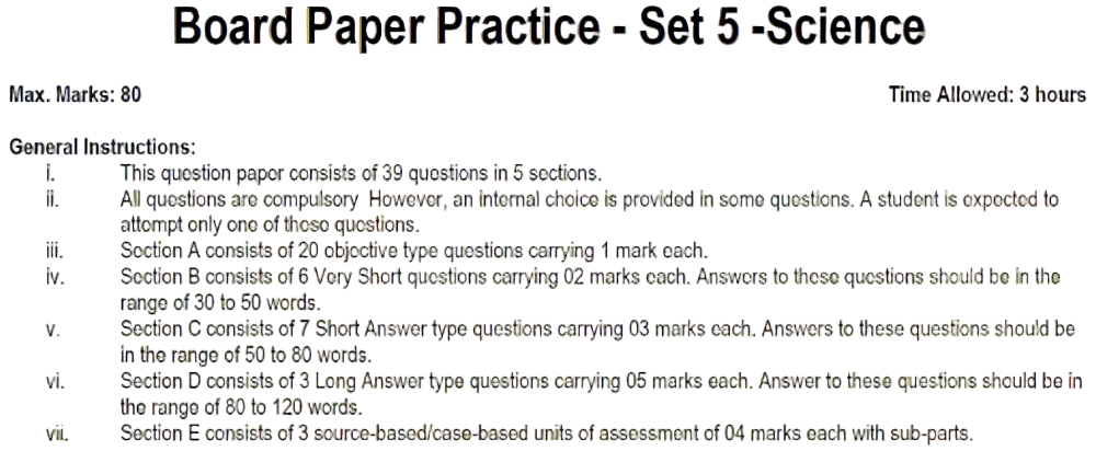 Board Paper Practice - Set 5 -Science