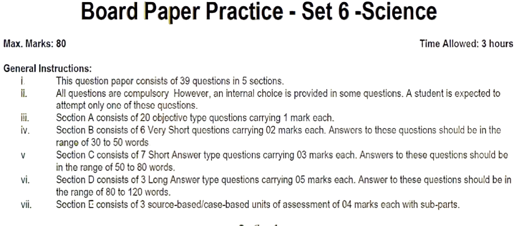 Board Paper Practice - Set 6 -Science