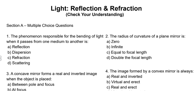 Light: Reflection & Refraction – Worksheet Warehouse