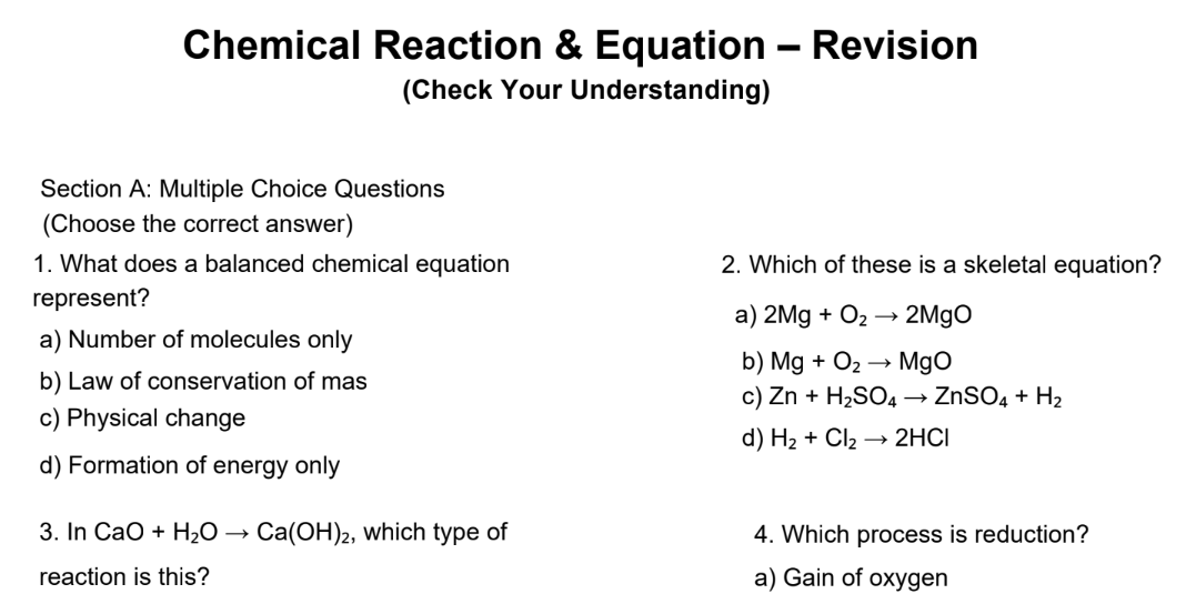 Chemical Reaction & Equation – Revision